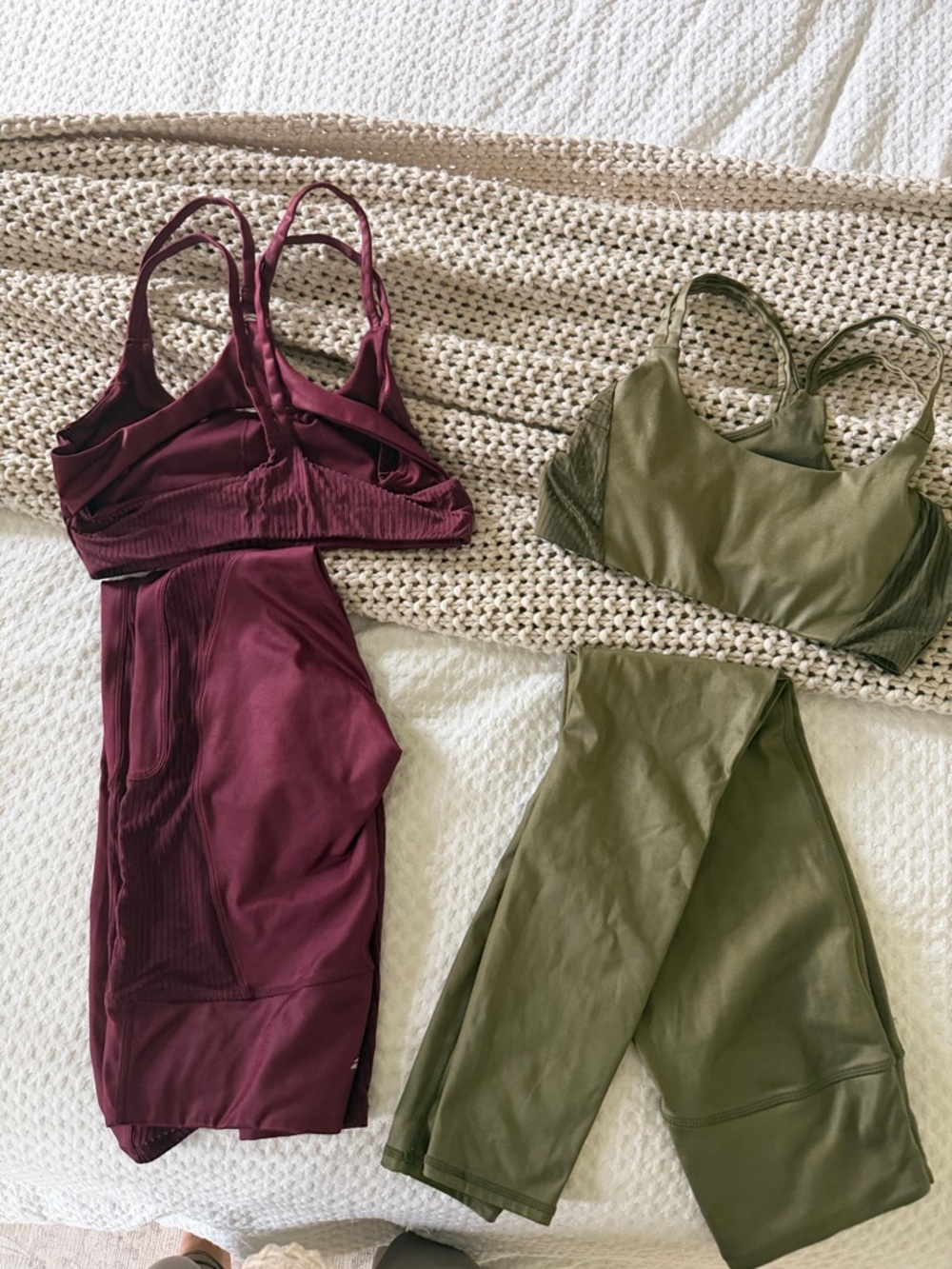 Fabletics Women’s Ribbed Sports Bra & Legging Set - Olive and Burgundy BUNDLE